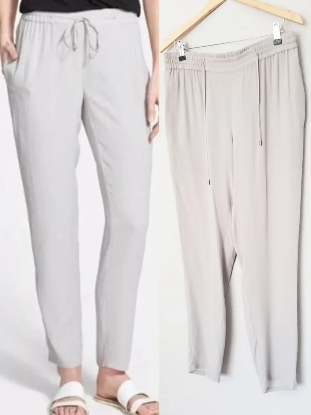 Eileen Fisher 100% Silk Georgette Ankle Pants Bone Gray Size S Drawstring $258